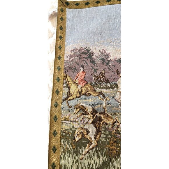 Vintage Corona Decor Fox Hunt Hounds Hunt Scene Tapestry Wall Art 21" x 21" - Picture 2 of 9